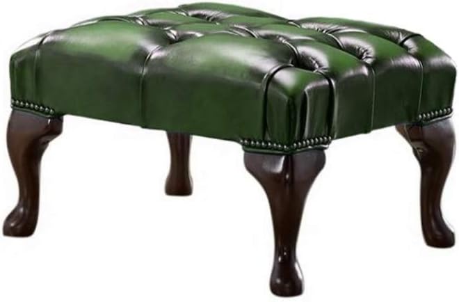 Handmade Chesterfield Footstool – Antique Green Genuine Leather – Queen Anne Mahogany Legs – Large Upholstered Footstool – Button-Tufted Classic British Style – Real Wood Frame