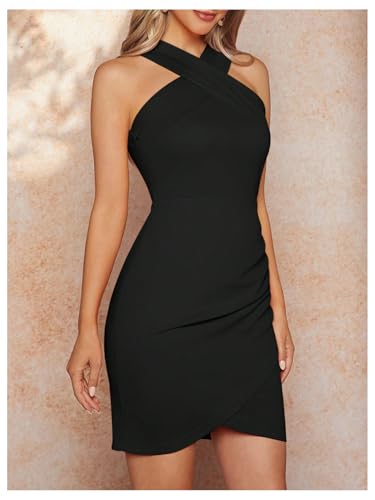 Floerns Women's Halter Neck Sleeveless Ruched Bodycon Dress Wedding Guest Mini Dresses3
