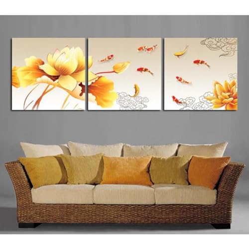 Tableau carpe koi lotus doré 60x60 cm triptyque sans cadre décor mural feng shui