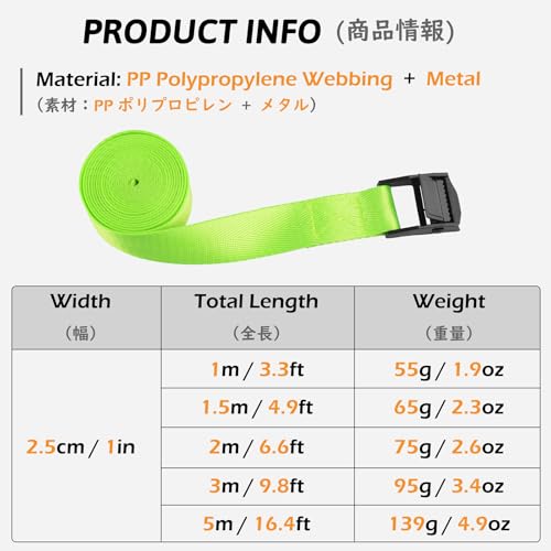 Image of TRIWONDER Cinch Tie Down Straps Cam Buckle Lashing Strap Nylon Small Ratchet Heavy Duty Belts for Packing Cargo Battery Bike Car Roof Rack Kayak Truck (01# Light Green - 2 Packs, 9.8 FT)