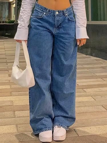 Straight Leg Jeans for Women Casual Washed Vintage Wide Fit Boyfriend Baggy Low Waisted Denim Pants with Snap-Button3