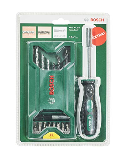 Bosch Professional Home and Garden Set mixto de 15 + 1 unidades Mini X-Line destornillador manual, para madera y piedra, accesorios taladro atornillador/destornillador