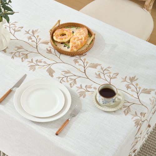 Alsoo Embroidered Tablecloth Rectangle 55 x 120 Inch, Farmhouse Otanical Floral Table Cloth Waterproof Washable Cotton Linen Fabric for Thanksgiving Spring Fall by Alsoo - Image 2