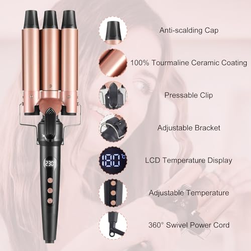 6 in 1 Hair Curling Iron Wand Set PTC Fast Heating Hair Crimper Professional Hair Styling Tools LCD Temp Control with Hair Straightener, Ceramic 3 Barrel Hair Waver Surprise Gift for Women Girl - Thumbnail 4