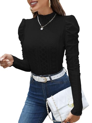 GORGLITTER Damen Body Elegant Bodysuit mit Öse Stehkragen Bodys Puffärmeln Oberteil Einfarbig Damenbody Trachtenbody Festival Outfit Schwarz L