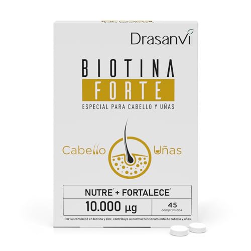 Drasanvi Biotina Forte 10.000 µg | Biotina para el Cabello, Piel y Uñas con Zinc y Hierro | Alta Potencia 20.000% VRN | 45 Comprimidos | Vegano
