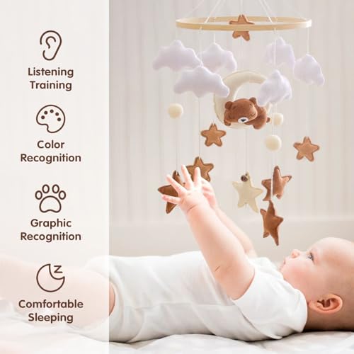 Mobile Babybett, Mobile Baby Windspiele mit 3D Bär Mond Wolken Sterne Glocke, Kinderzimmer Hängende Bettglocke, Handgefertigt Bambus Filz Mobile Baby, Neugeborene Geschenk Junge Mädchen Baby (Braun)