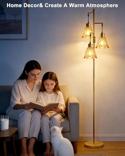 Image of 3-Light Modern Glass Floor Lamp, Gold Standing Tall Lamp with Amber Pinecone Glass Shade for Reading, Dimmable LED Floor Lamp with 5Lbs Heavy Base for Living Room Bedroom Home Decor, Bulb Included