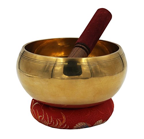 Image of Tibetan Extra Large Heavy Meditation Ring Gong Hammer Mark Singing Bowl With Mallet and Silk Cushion