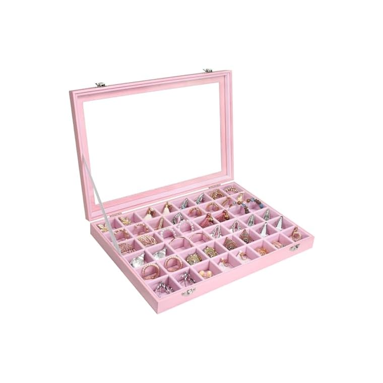 Jewelry Tray Organizer Box 48 Grid Jewelry Display Organizer Box with Transparent Lid Rings Earrings Necklaces Pendants Display Box Suitable for Women and Girls (48 Grid, Pink)