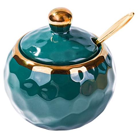 BOSILI Ceramic Sugar Bowl, Golf Shaped, Ceramic Sugar Bowl with Lid and Golden Spoon for Home and Kitchen (Jasper) Cover