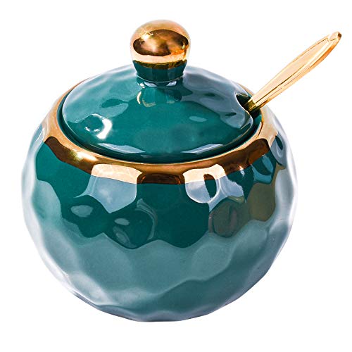 BOSILI Ceramic Sugar Bowl, Golf Shaped, Ceramic Sugar Bowl with Lid and Golden Spoon for Home and Kitchen (Jasper)