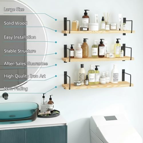 Image of Wall Mounted Bathroom Shelves Set of 3, White Rustic Wood Floating Shelves with Metal Brackets, Storage Rack for Toiletries Organizer Kitchen Living Room AustralianPine (NOT MDF) 23.5 inch