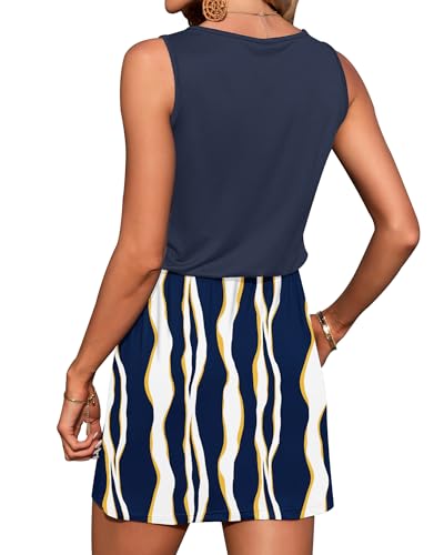 Image of AUSELILY Womens Summer Dress Casual Sleeveless Drawstring Short Dresses | Adjustable drawstring waist for a custom fit, plus 2 side pockets-perfect beach-to-street sundress