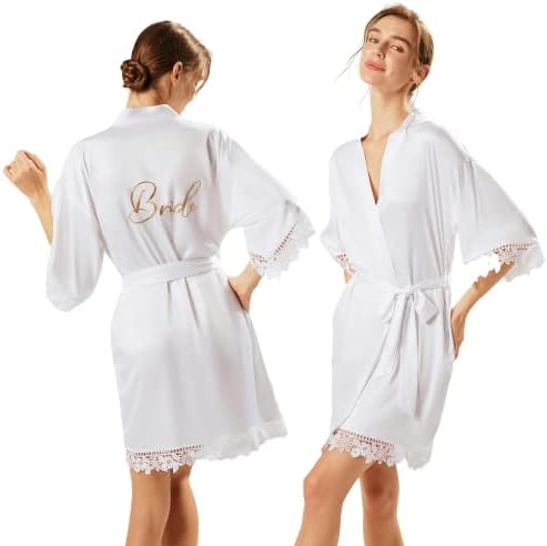 AW BRIDAL White Bride Robe Embroidered With Bride Bridesmaids Robes Womens Satin Bridal Robe Lace Trim Wedding Robes, M