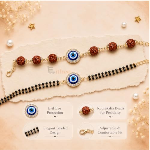 Image of EITHEO Bhaiya Bhabhi Rakhi Set with Evil Eye Charm, Rudraksha Rakhi & Black Bead Lumba Bracelet, Handmade Gift with Roli Chawal, Chandan & Mishri (Couple Set of 4)