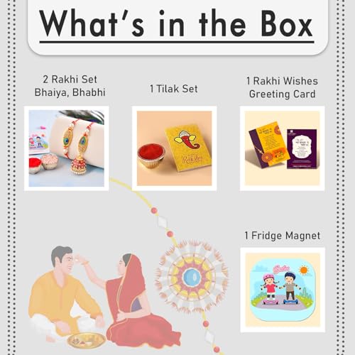 Image of CraftVatika Rakhi for Brother and Bhabhi with Gift Set Combo, Rakhi Set of 2 for Bhaiya Bhabhi, Kundan Meenakari Couple Pair Bhai Bhabhi Rakhi, Rakhis for Rakshabandhan, Fridge Magnet for Door Decor
