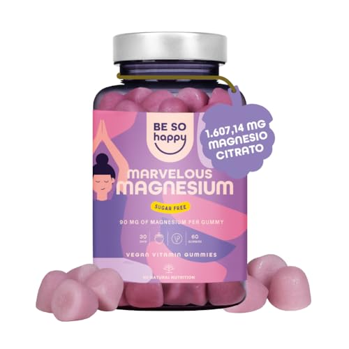 Magnesio Gominolas, 1607mg Citrato de Magnesio con 180mg Magnesio Elemental. 60 Gummies, Sin Azucar, Sabor Frutos Rojos. Reduce el Cansancio y la Fatiga. Vegano. Marvelous Magnesium BeSoHappy