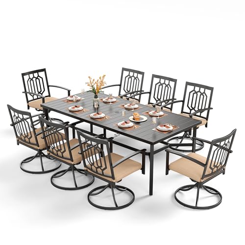 Image of PHI VILLA 9 Pcs Outdoor Dining Set for 8&83 inch Rectangular Wrought Iron Table | Steel Table w / Umbrella Hole&Swivel Metal Chairs,Outside Furniture Set for Patio, Porch, Deck, Backyard
