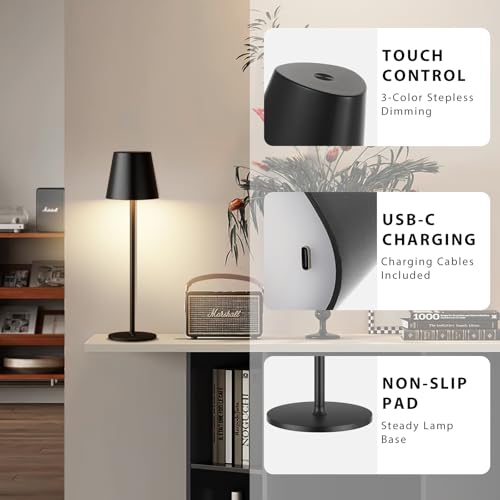 Image of Kakanuo Cordless Table Lamps Pack of 4, Portable LED Battery Operated Lamp, Wireless Rechargeable Lamp, 3 Color Stepless Table Lamp for Restaurant, Bar, Party, Camping and Bedroom - Black