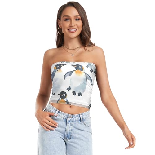Cute Penguins White Women's Crop Tops with Mesh Strapless Bras for Women Bandeau Bra for Lady Party