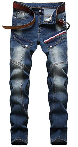 Calça jeans masculina azul motociclista com costura reta e estampa de camuflagem elegante, Azul, 38