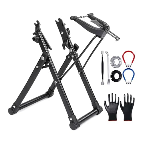 Yojinovas Bicycle Wheel Truing Stand Foldable Maintenance Tool Sturdy Frame Space Saving Design Adjustable Knob with Measurement Tools for Front and Rear Wheels Bike Repair Accessories