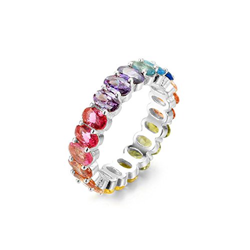 NYC Sterling Women's .925 Silver Oval Shaped Rainbow Cubic Zirconia Eternity Ring (Rhodium-Plated-Silver, 8)