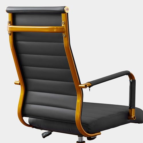 10 Best High Back Office Chair under $100 for Comfort and Support 6 Livinia Modern Executive Office Desk Chair, Chrome & Leather Conference Room Swivel Chairs with Ribbed High Back, Adjustable Height, Removable Armrest, and Wheels for Home Office (Black(Gold))