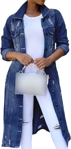 Women's Distressed Denim Jacket Trench Hole Over Knee Midi Long Denim Jacket Lapel Slim Fit Button Down Jean Coat