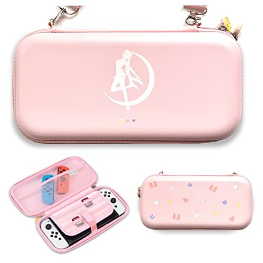 BelugaDesign Moon Switch Carrying Case | Pastel Hard Travel Shell Compatible with Nintendo Switch Standard Lite OLED | Cute Moon Silhouette Heart Magic Bow Design (Pink)