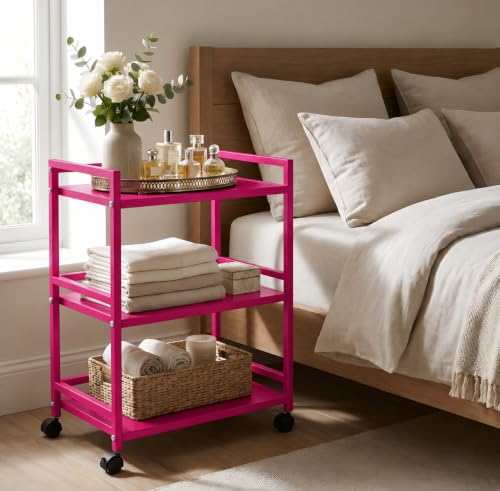 Image of WINSTAR Metal Rolling Trolley with Lockable Wheels | Heavy Duty Multifunctional Metal Frame Cart | Ideal for Home, Kitchen, Bathroom and Office Storage | (Fuchsia Pink, 3-Tier)