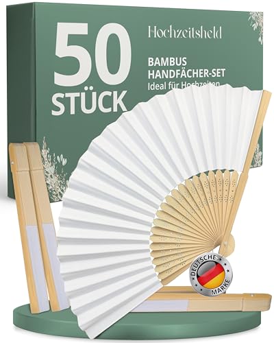 HOCHZEITSHELD Fächer Hochzeit 50 Stück - Elegante Bambus Fächer zur Erfrischung der Gäste - Handfächer Hochzeit als Hochzeitsdeko & Standesamt Deko Klappfächer Hochzeit als Deko Hochzeit Gastgeschenk