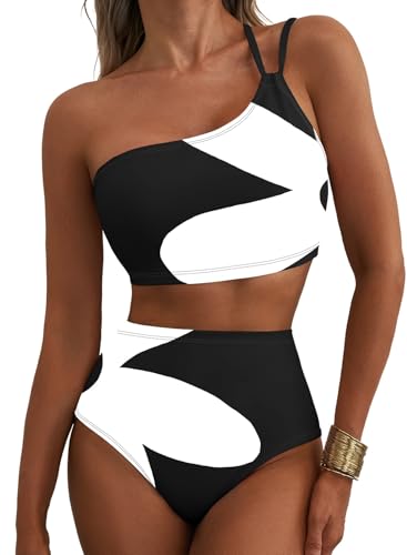 Herseas Women Bikini Sets One Shoulder Floral Print Push Up Swimsuits High Waisted Tummy Control 2 Piece Breathable Bathing Suits Cute Beach Vacation Clothes for Teens Black White Abstract Medium