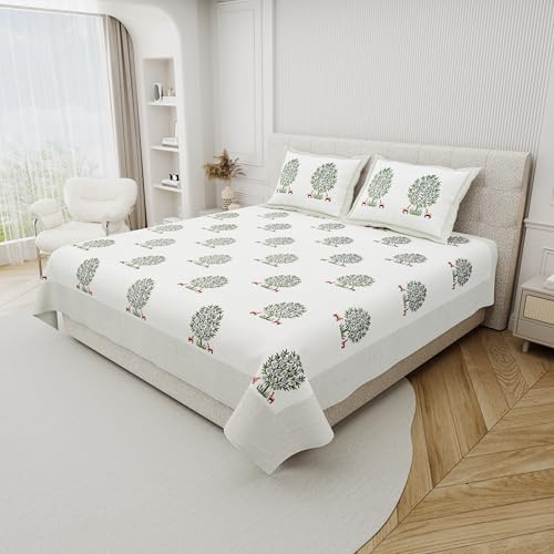 Image of DE CAMA Since 1997 | 100% Cotton 300 TC Premium Super King Size Bedsheet for Double Bed (108 x 108 Inch) with 2 Pillow Covers Set (17 x 27 Inch) Hand Block Printed Bedsheet Set - Green /White