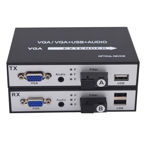 VGA Over Fiber Media Converter Adapter with KVM and Independent Stereo 3.5mm Audio Singlemode Single Fiber up to 20Km Multimode 500m A Set