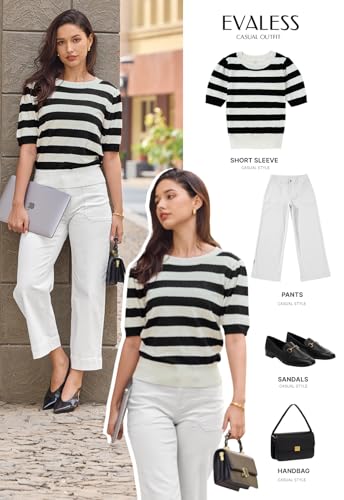 EVALESS Women's Short Sleeve Sweaters Tops Trendy Crewneck Striped Hollow Out Knit T Shirts Casual Summer Blouses4