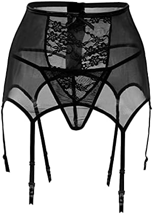 Black Lace Garter Belt for Women High Waisted Hollow-Out Garter Belt Plus Size with 6 Straps and G String for Stockings