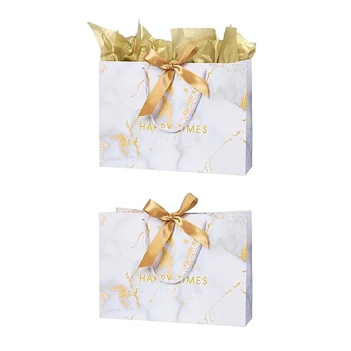 2 Stück 32× 22× 11cm Geschenktüten Papiertüten mit Schleifenbändern, Groß Geschenktaschen mit Henkel Geburtstag Papiertüten für Geburtstag, Hochzeit, Brautparty(weiß)