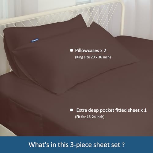 Image of King Size Sheets Set for Air Mattress - Deep Pocket King Sheet Set - 3Pcs Side Storage Pocket Fitted Sheet & Pillowcases Easily Fits 16in to 24in Pillow Top Air Bed Mattress - Brown