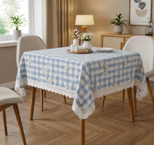 Image of Amazon Brand - Umi Cotton Tablecloth Pack of 2, 4-6 Seater Dining Table Cover, Blue Gingham Check Daisy Floral Print Rectangular Table Linen with Lace,Farmhouse Cottage Style