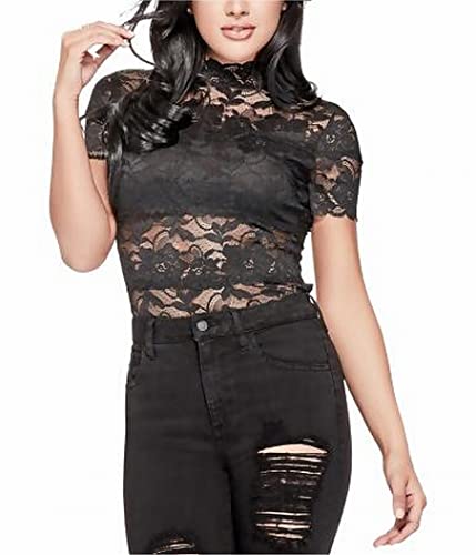 GUESS レディース 半袖 シャノン モックネックトップ ジェットブラック A XL