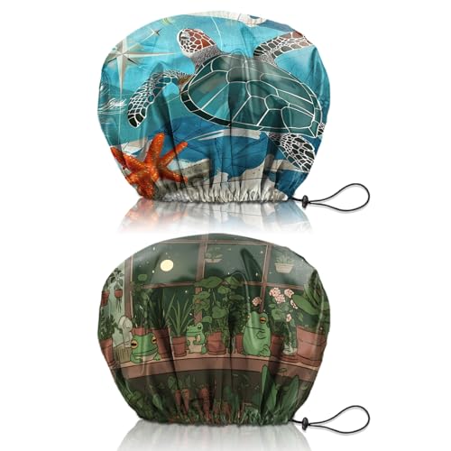 Cabreche 2 PCS Shower Cap Reusable Waterproof Double Layers Hair Caps Shower Bath Adjustable Elastic Hat for Women Girls Cute Aesthetic-Sea Turtle Frog