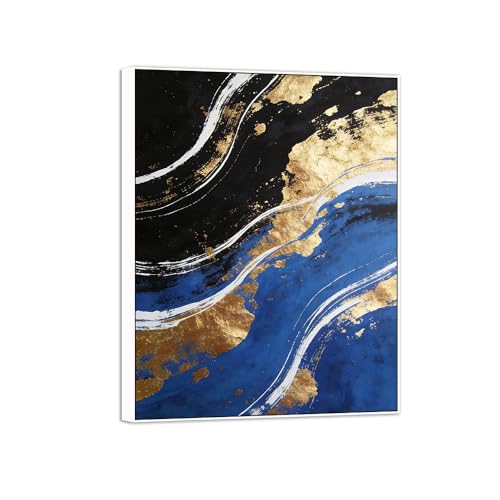 MUHJDYC Abstrait Impression sur Toile-Marbre Tableau Decoration-Moderne Blanc Cadre Tableaux Decoratifs Chambre Salon Bureau(Black Bleu Gold Foil) 80x105cm