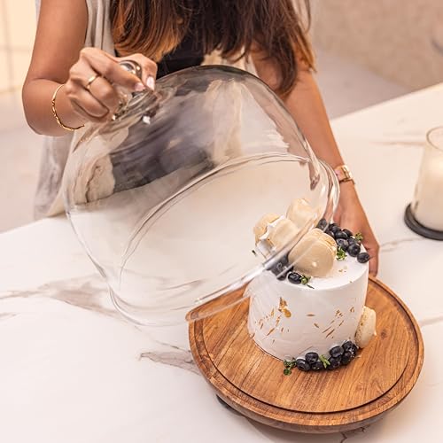 Image of Parstry Pod Acacia Wood cake Stand with Glass Dome | Wooden Cake Plate | Dessert Cupcake Pastry Display Stand | Round Cake Holder Serving Stand