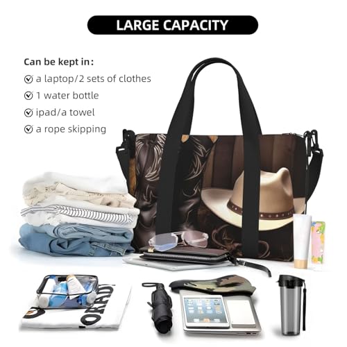 Travel Duffel Bags Personal Item Bag Carry on Luggage Bag Training Handbag Lightweight Waterproof Sports Gym Bag Cowboy Black Hat Western Boots Weekender Bag for Women Men4