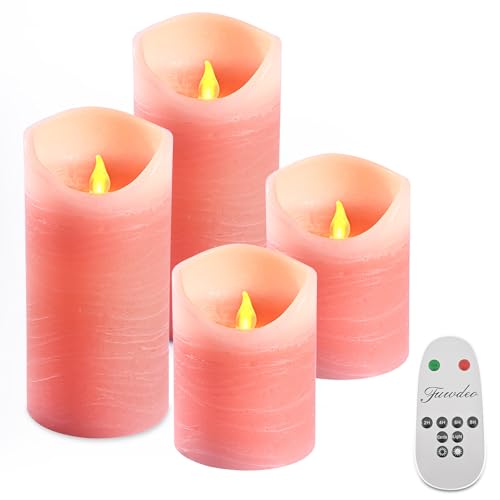 Image of Flameless Candles with Remote and Timer - Pack of 4 Real Wax LED Battery Operated Flickering Pink Candle Pillars for Valentine's Day, Wedding, Holiday & Home Decor