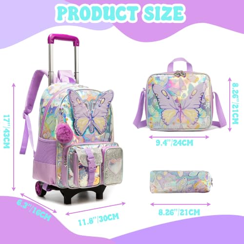 Image of HTgroce Kids Rolling Backpack for Girls Backpack with Wheels 3pcs Rolling Backpacks for Kids, 16.5 inch Roller Backpacks for Girls with Lunch Box Pencil Case
