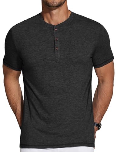 COOFANDY Camisa Henley Camisa Hombre Camiseta Manga Corta con Botones Camiseta Henley Camiseta Casual Verano Camiseta Básica Cuello Henley Negro L