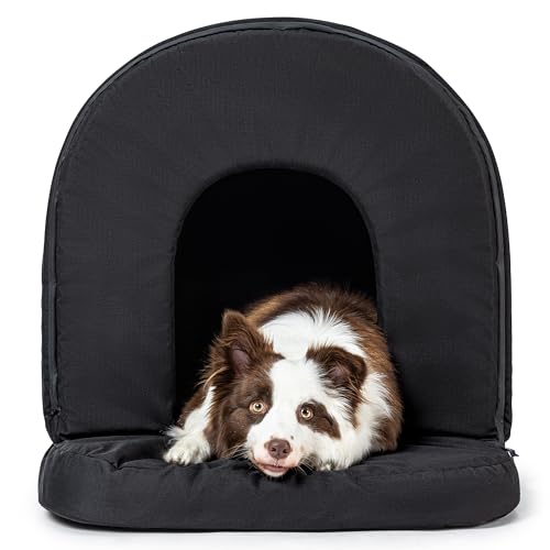 Pelzin Orthopädisches Hundehöhle - Hundehütte Outdoor Kratzfest - Hundehaus für Draußen - Waschbar und Wasserdicht Hundebett Mit Dach für Große Hunde & Einen 91cm Hundekorb - 89x59cm Schwarz